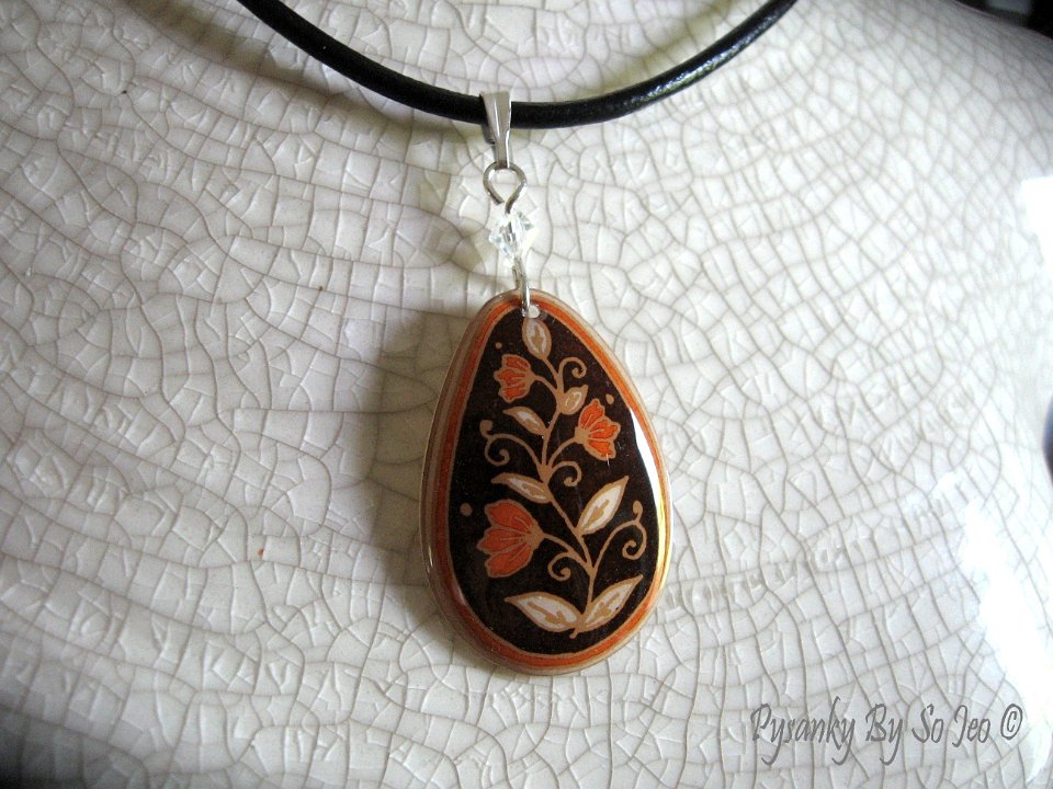 Brown & Orange Spring Vines Teardrop Pendant Pysanky Jewelry by So Jeo